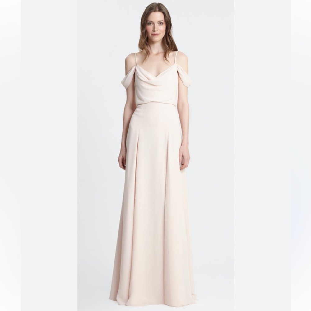 Monique Lhuillier Bridesmaids NWT 12 Blush Chiffon Off Shoulder Maxi Gown